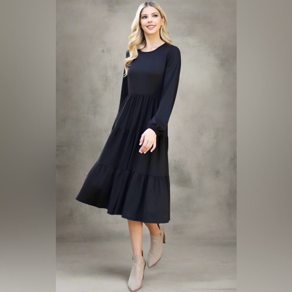 Long-Sleeve Black Tiered Midi Dress